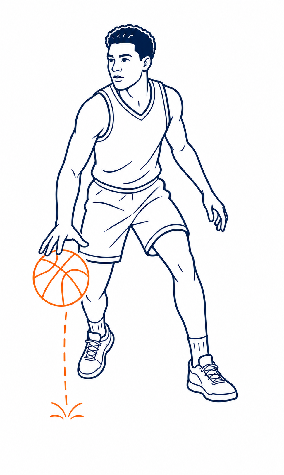 Line illustration of an athlete bouncing a basketball.