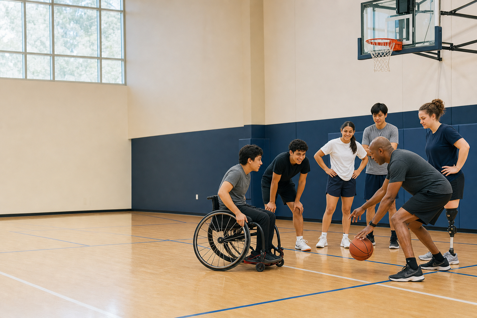 Illustrative concept of an adult coach leading an inclusive basketball drill with a small group of athletes, including a wheelchair athlete, in a community gym.